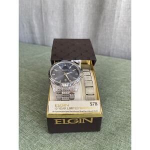 Elgin Men’s Silver-Tone Crystal Watch & Bracelet Set - Brand New